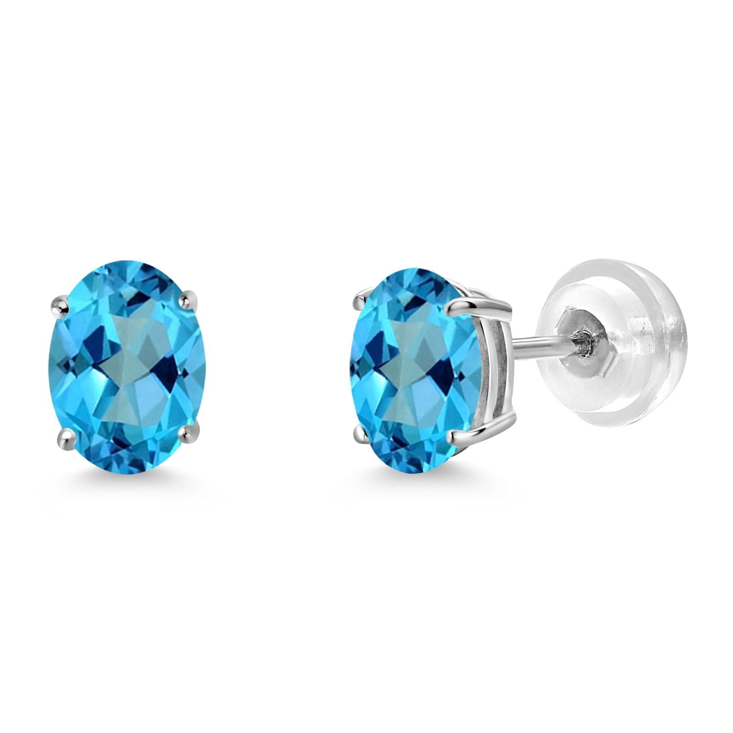 Gem Stone King 2.00 Cttw Oval 7x5mm American Blue Mystic Topaz 14K White Gold Stud Earrings for Women Men