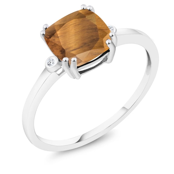Gem Stone King 2.01 Ct Cushion Brown Tiger Eye White Diamond 10K White Gold Ring