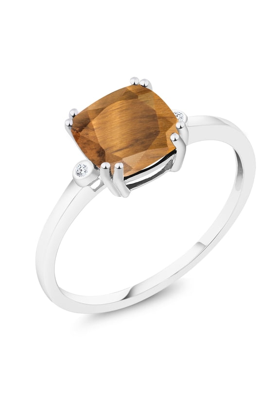 2.01 Ct Cushion Brown Tiger Eye with White Diamond 10K White Gold Ring (Size 7)