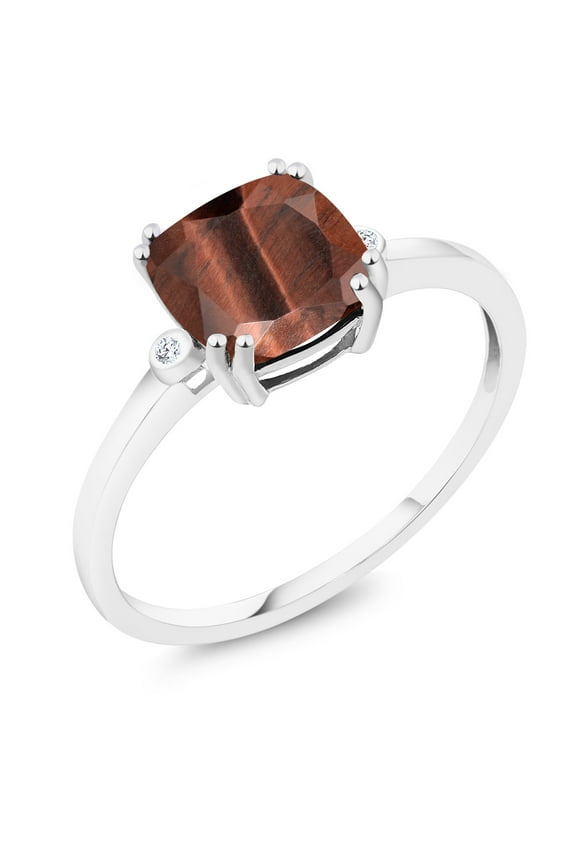 2.01 Ct Cushion Red Tiger Eye White Diamond 10K White Gold Ring