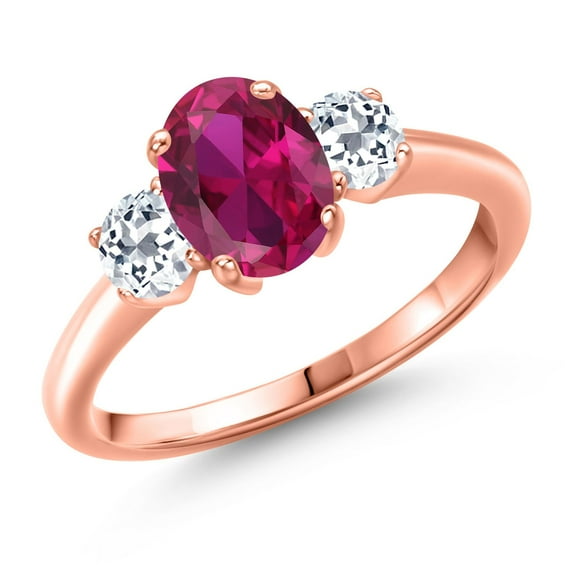 Gem Stone King 2.01 Ct Oval Red Created Ruby White Topaz 18K Rose Gold Plated Silver Ring