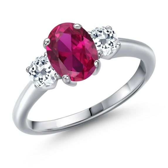 Gem Stone King 2.01 Ct Oval Red Created Ruby White Topaz 925 Sterling Silver Ring