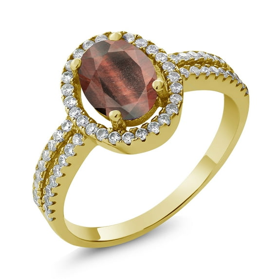 Gem Stone King 2.01 Ct Oval Red Tiger Eye 18K Yellow Gold Plated Silver Ring