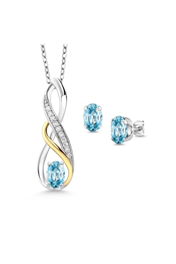 2.02 Ct Blue Zircon E-F Lab Grown Diamond 925 Silver and 10K Yellow Gold Pendant and Earrings Jewelry Set