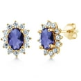 thumbnail image 1 of Gem Stone King 2.02 Ct Oval Checkerboard Blue Iolite 18K Yellow Gold Plated Silver Earrings, 1 of 6