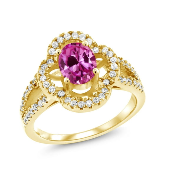 Gem Stone King 2.02 Ct Oval Pink Created Sapphire 18K Yellow Gold Plated Silver Women's Split Shank Statement Ring (Size 5)