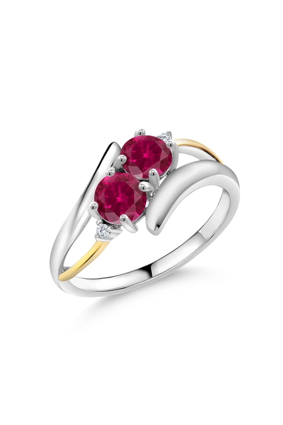 2.02 Ct Round Red Created Ruby 925 Silver and 10K Yellow Gold Lab Grown Diamond Two Stone Crossover Ring (Size 5)