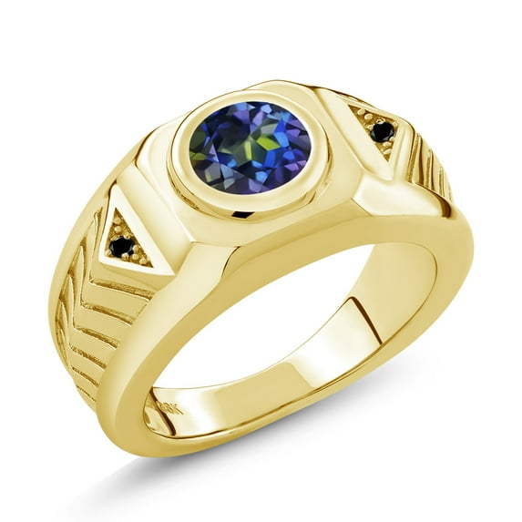 Gem Stone King 2.03 Ct Blue Mystic Topaz Black Diamond 18K Yellow Gold Plated Silver Men's Ring