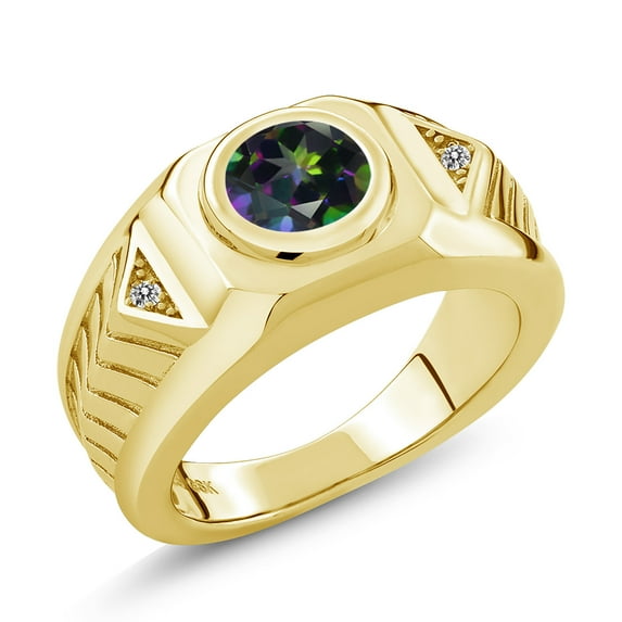 Gem Stone King 2.03 Ct Green Mystic Topaz and Diamond 18K Yellow Gold Plated Silver Men's Ring