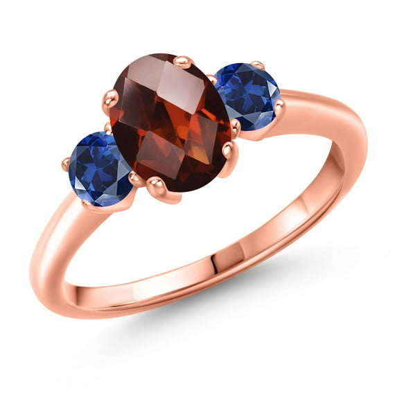 Gem Stone King 2.03 Ct Oval Checkerboard Red Garnet Blue Created Sapphire 18K Rose Gold Plated Silver Ring
