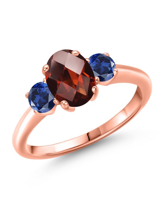 2.03 Ct Oval Checkerboard Red Garnet Blue Created Sapphire 18K Rose Gold Plated Silver Ring