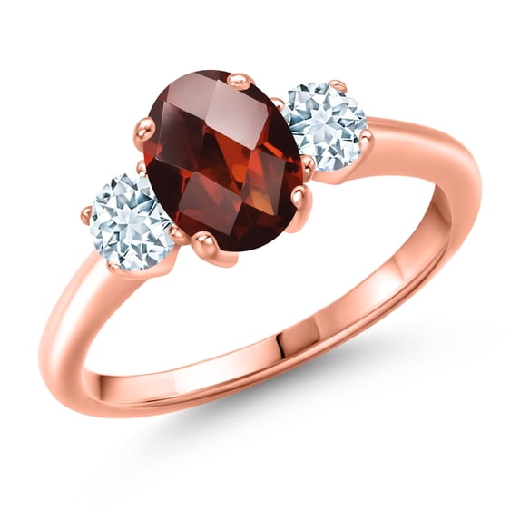 Gem Stone King 2.03 Ct Oval Checkerboard Red Garnet Sky Blue Aquamarine 18K Rose Gold Plated Silver Ring (Size 9)