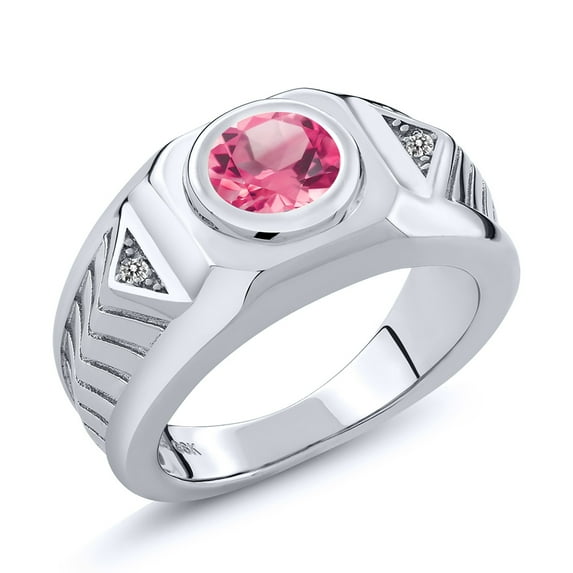 Gem Stone King 2.03 Ct Round Pink Mystic Topaz White Diamond 925 Sterling Silver Men's Ring