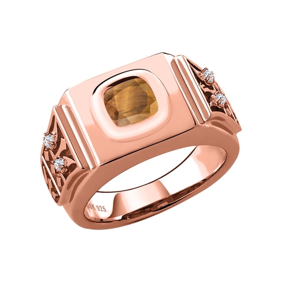 Gem Stone King 2.04 Ct Cushion Brown Tiger Eye 18K Rose Gold Plated Silver Men's Ring (Size 11)
