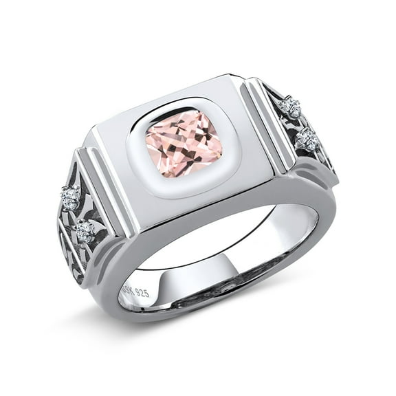 Gem Stone King 2.04 Ct Cushion Peach Nano Morganite White Topaz 925 Sterling Silver Men's Ring (Size 9)