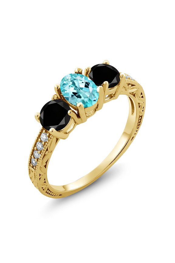 2.04 Ct Oval Blue Apatite Black Diamond 18K Yellow Gold Plated Silver Moissanite Ring (Size 8)
