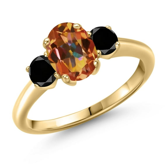 Gem Stone King 2.04 Ct Oval Ecstasy Mystic Topaz Black Diamond 18K Yellow Gold Plated Silver Ring