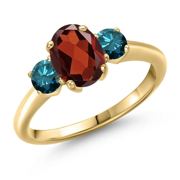 Gem Stone King 2.04 Ct Oval Red Garnet Blue Diamond 18K Yellow Gold Plated Silver Ring
