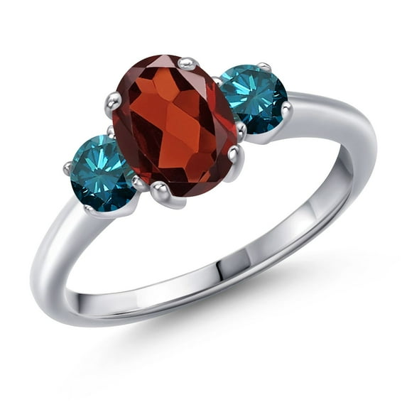 Gem Stone King 2.04 Ct Oval Red Garnet Blue Diamond 925 Sterling Silver Ring