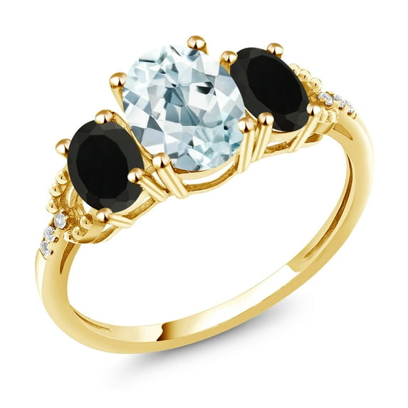 Gem Stone King 2.04 Ct Oval Sky Blue Aquamarine Black Onyx 10K Yellow Gold Ring (Size 8)