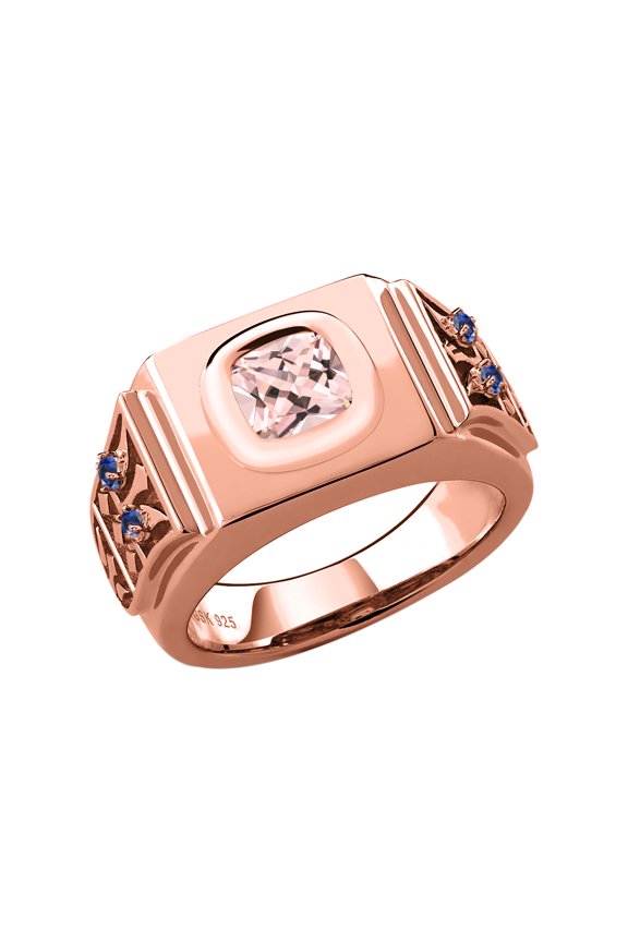 2.04 Ct Peach Nano Morganite Blue Created Sapphire 18K Rose Gold Plated Silver Men's Ring (Size 8)