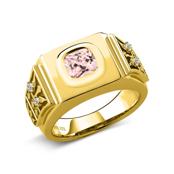 Gem Stone King 2.04 Ct Peach Nano Morganite White Topaz 18K Yellow Gold Plated Silver Men's Ring (Size 11)