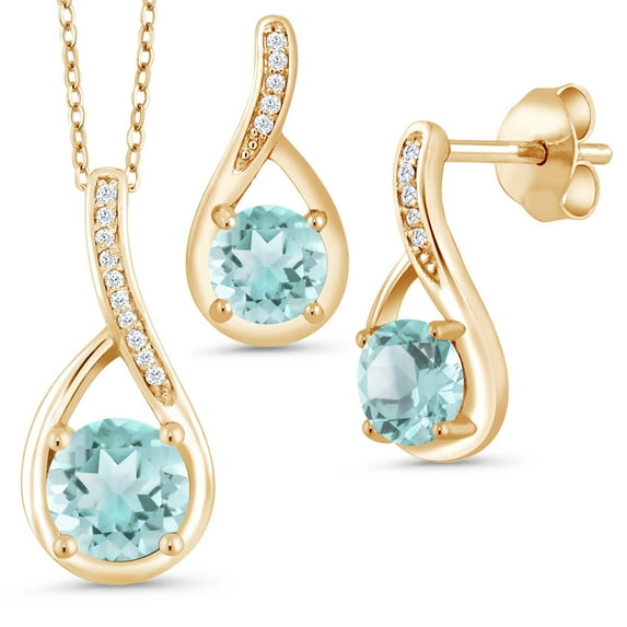 Gem Stone King 2.04 Ct Round Sky Blue Topaz 18K Yellow Gold Plated Silver Diamond Pendant and Earrings Jewelry Set