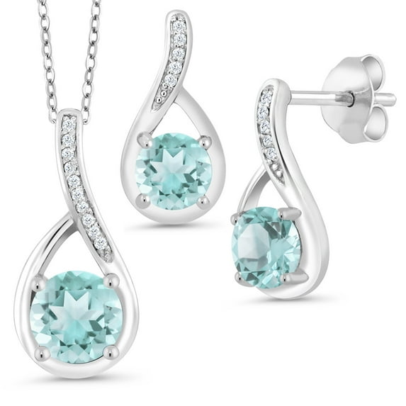 Gem Stone King 2.04 Ct Round Sky Blue Topaz 925 Sterling Silver Diamond Pendant and Earrings Jewelry Set