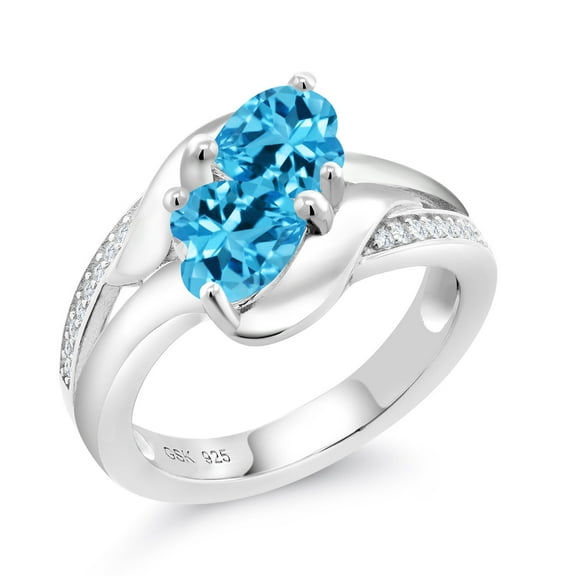 Gem Stone King 2.04 Ct Swiss Blue Topaz White Created Sapphire 925 Sterling Silver Ring (Size 9)