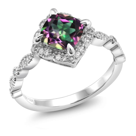 Gem Stone King 2.04 Cttw Green Mystic Topaz and Moissanite Engagement Ring | 925 Sterling Silver | Cushion Cut 7MM | Wedding Anniversary Promise Ring for Women | Available in Size 5-9