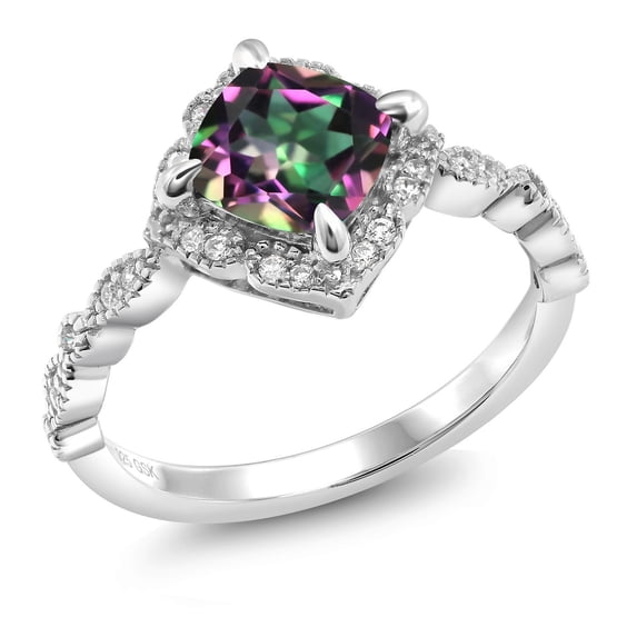 Gem Stone King 2.04 Cttw Green Mystic Topaz and Moissanite Engagement Ring | 925 Sterling Silver | Cushion Cut 7MM | Wedding Anniversary Promise Ring for Women | Available in Size 5-9