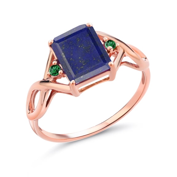 Gem Stone King 2.05 Ct Emerald Cut Blue Lapis Green Nano Emerald 18K Rose Gold Plated Silver Ring (Size 8)