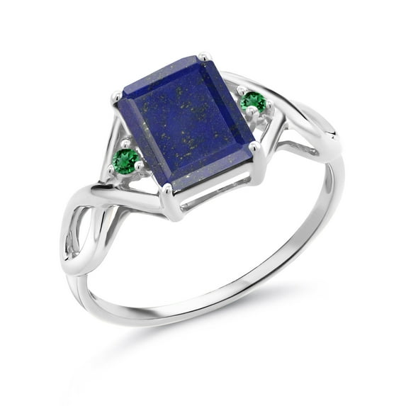Gem Stone King 2.05 Ct Emerald Cut Blue Lapis Green Nano Emerald 925 Sterling Silver Ring (Size 7)