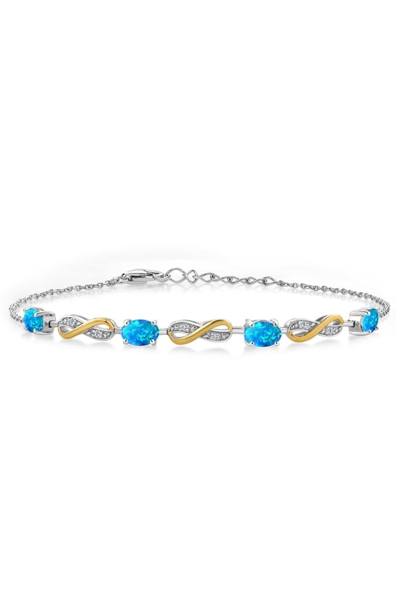 2.05 Ct Oval Cabochon Blue Simulated Opal 925 Silver and 10K Yellow Gold Lab Grown Diamond Infinity Bracelet for Women Mother's Mom Wife Her, Fully Adjustable up to 7.5 inch)