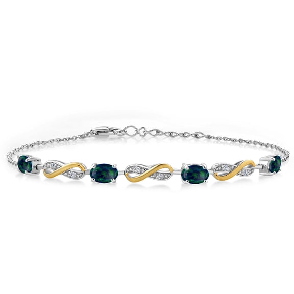 Gem Stone King 2.05 Ct Oval Cabochon Green Simulated Opal 925 Silver and 10K Yellow Gold Lab Grown Diamond Infinity Bracelet for Women Mother's Mom Wife Her, Fully Adjustable up to 7.5 inch)