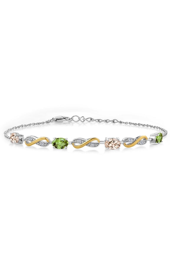 2.05 Ct Oval Peach Morganite Green Peridot 925 Silver and 10K Yellow Gold Lab Grown Diamond Infinity Bracelet for Women Mother's Mom Wife Her, Fully Adjustable up to 7.5 inch)