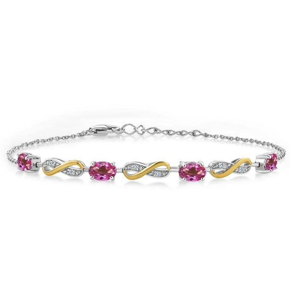 Gem Stone King 2.05 Ct Oval Pink Mystic Topaz 925 Silver and 10K Yellow Gold Lab Grown Diamond Infinity Bracelet for Women Mother's Mom Wife Her, Fully Adjustable up to 7.5 inch)