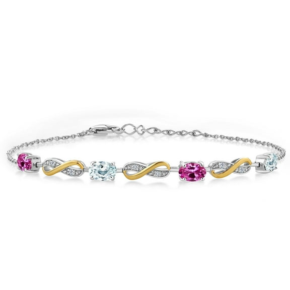 Gem Stone King 2.05 Ct Pink Created Sapphire Sky Blue Aquamarine 925 Silver and 10K Yellow Gold Lab Grown Diamond Infinity Bracelet for Women Mother's Mom Wife Her, Fully Adjustable up to 7.5 inch)