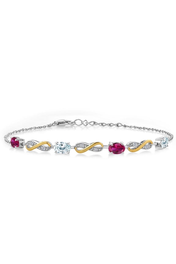 2.05 Ct Red Created Ruby Sky Blue Aquamarine 925 Silver and 10K Yellow Gold Lab Grown Diamond Infinity Bracelet for Women Mother's Mom Wife Her, Fully Adjustable up to 7.5 inch)