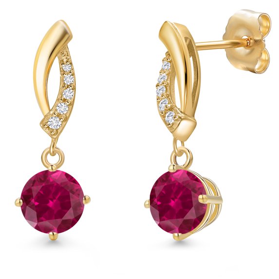 Gem Stone King 2.05 Ct Round Red Created Ruby G/H Lab Grown Diamond 14K Yellow Gold Earrings