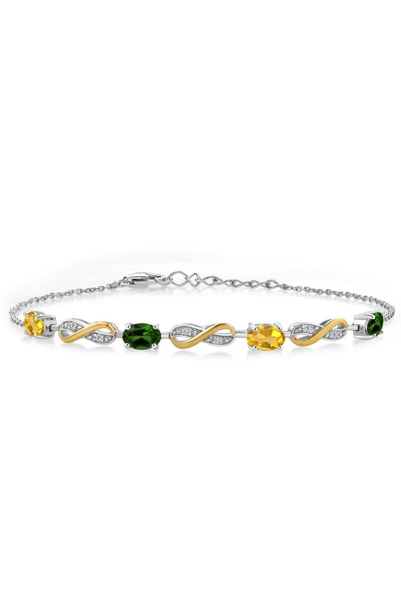 2.05 Ct Yellow Citrine Green Chrome Diopside 925 Silver and 10K Yellow Gold Lab Grown Diamond Infinity Bracelet for Women Mother's Mom Wife Her, Fully Adjustable up to 7.5 inch)