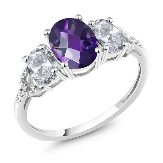 Gem Stone King 2.05 Cttw 10K White Gold Purple Amethyst White Topaz and Diamond Accent 3-Stone Engagement Ring | Three Stone Wedding Anniversary Promise Ring for Women