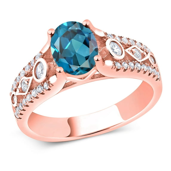 Gem Stone King 2.06 Ct Oval London Blue Topaz 18K Rose Gold Plated Silver Ring