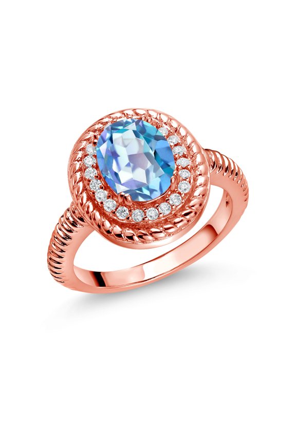 2.06 Ct Oval Millennium Blue Mystic Quartz 18K Rose Gold Plated Silver Halo Engagement Ring (Size 8)
