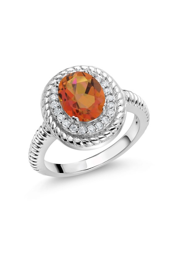 2.06 Ct Oval Twilight Orange Mystic Quartz 925 Sterling Silver Halo Engagement Ring (Size 8)