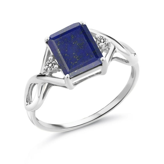 Gem Stone King 2.07 Ct Emerald Cut Blue Lapis White Diamond 925 Sterling Silver Ring (Size 5)