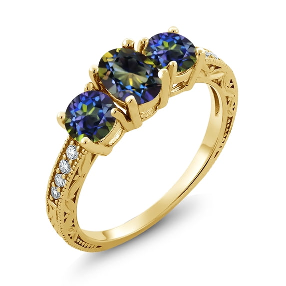 Gem Stone King 2.07 Ct Oval Blue Mystic Topaz 18K Yellow Gold Plated Silver Moissanite Ring (Size 5)