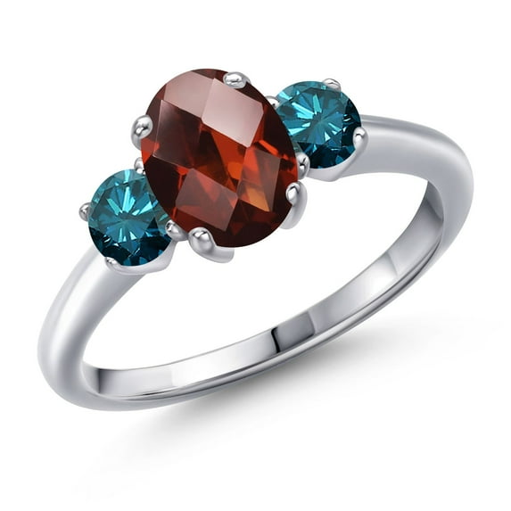 Gem Stone King 2.07 Ct Oval Checkerboard Red Garnet Blue Diamond 925 Sterling Silver Ring