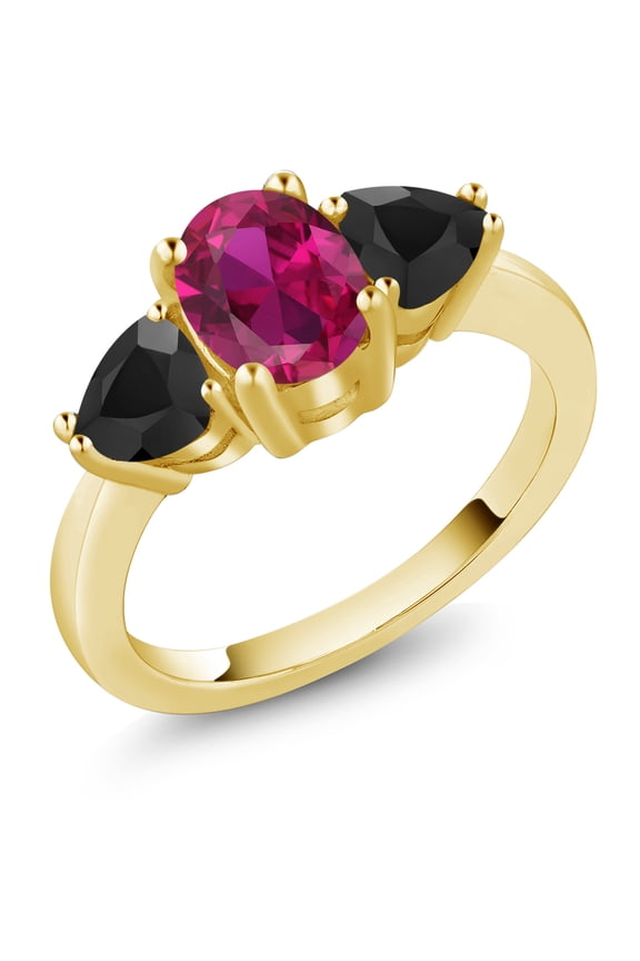 2.07 Ct Oval Red Created Ruby Black Onyx 18K Yellow Gold Plated Silver Ring (Size 5)