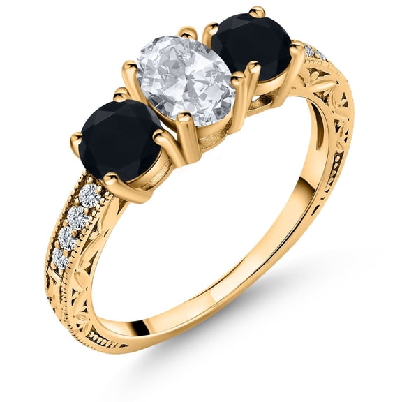 Gem Stone King 2.07 Ct Oval White Topaz Black Onyx 18K Yellow Gold Plated Silver Ring (Size 6)
